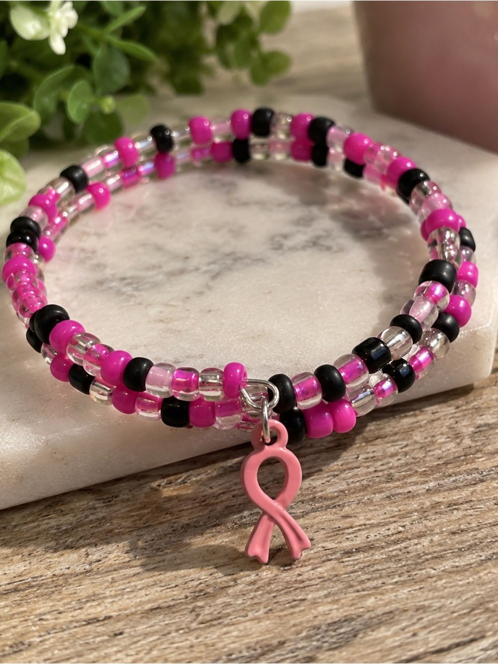 Pink Beaded Awareness Ribbon Wrap Bracelet - Women Jewelry